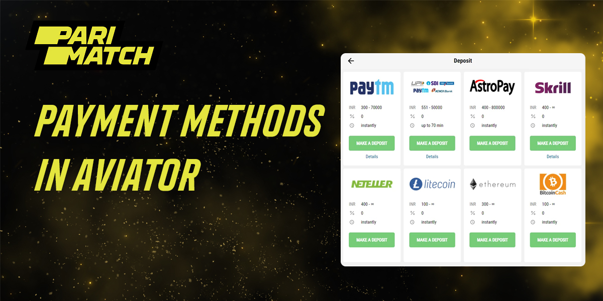 Payment methods for deposit and withdrawal available at Parimatch online casino site