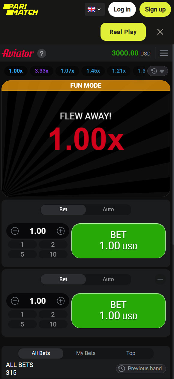 This screenshot of the Aviator casino game on the Parimatch platform illustrates how the game ends, the plane flies away.